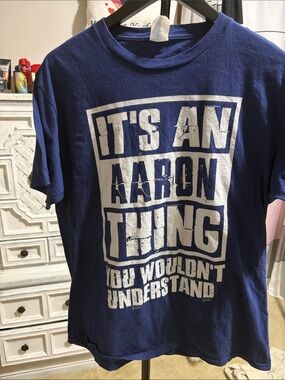 Port and Company Blue Tee with White Graphic Text
